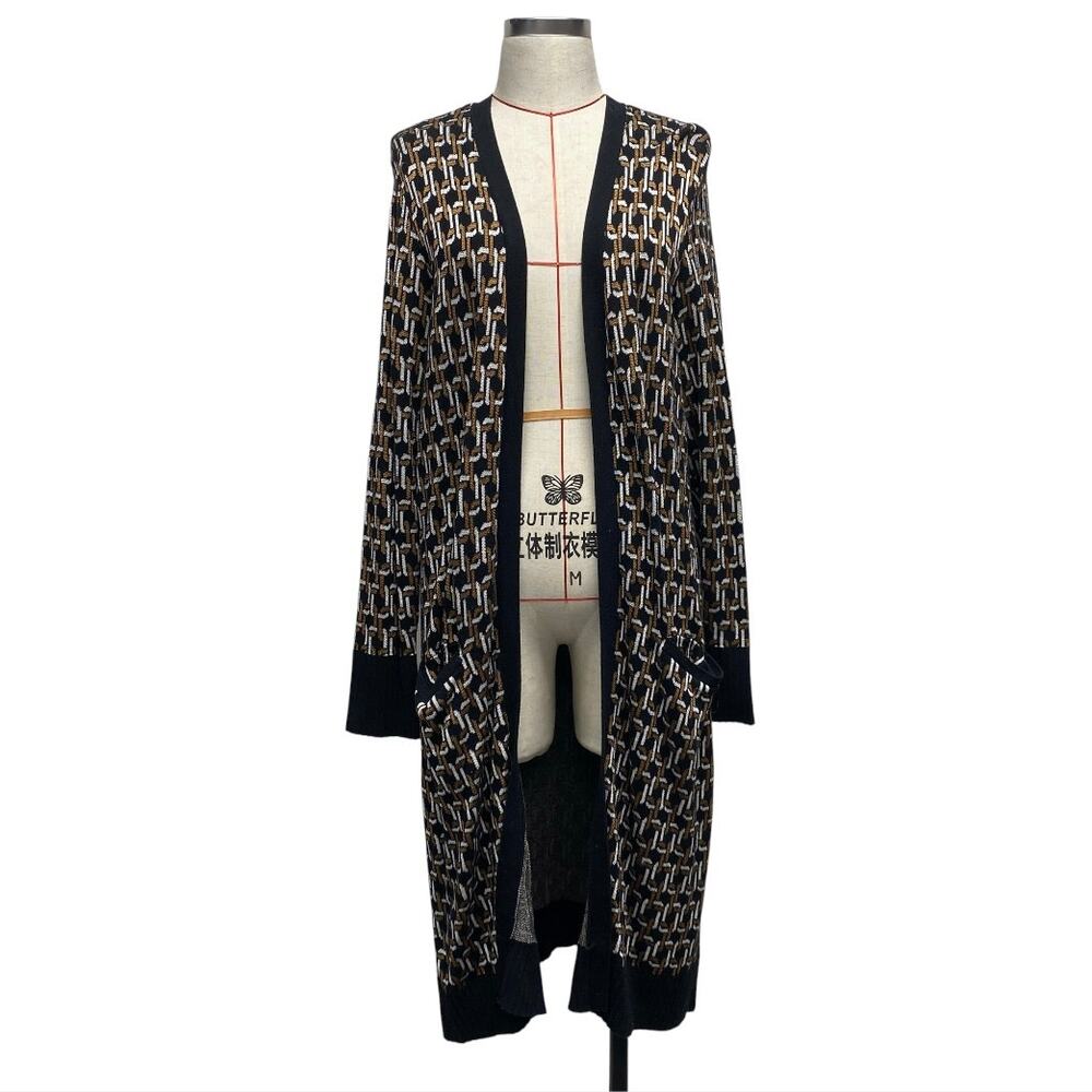 Chicos Womens Size L Chain Print Knit Long Duster Cardigan Sweater